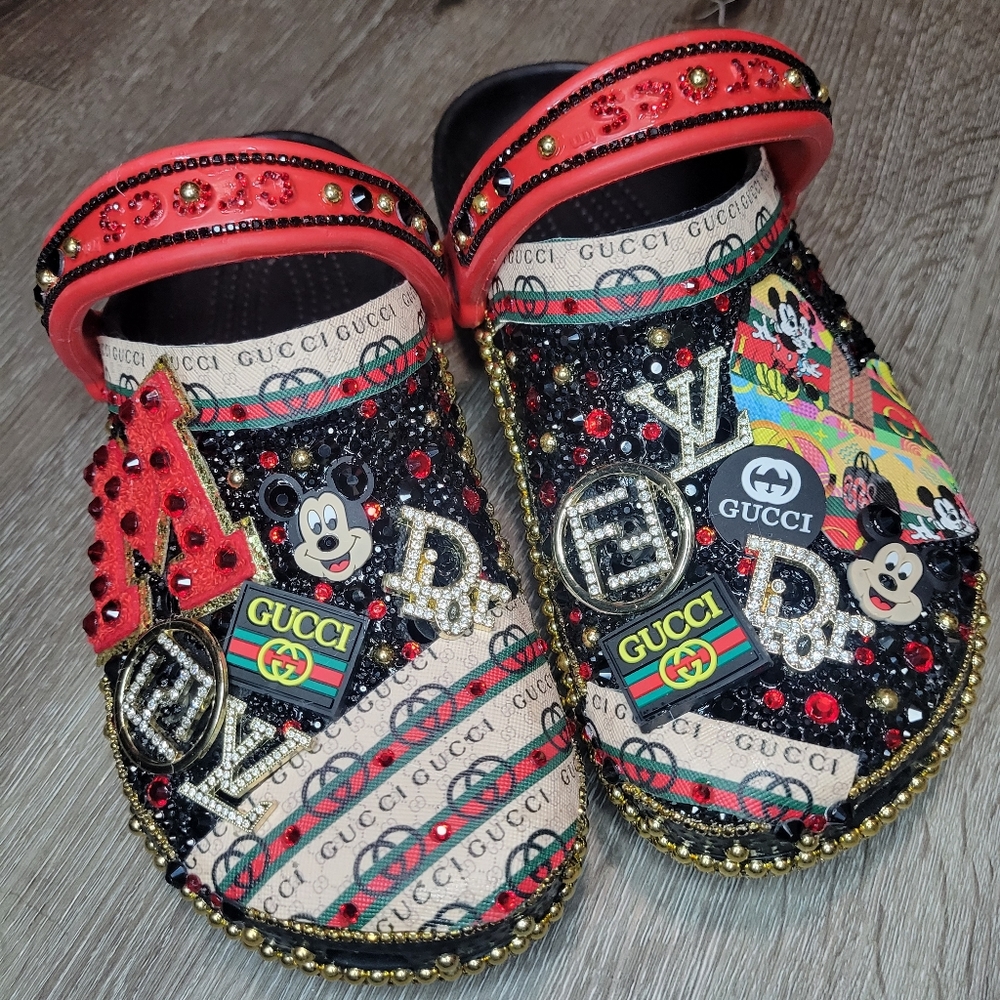 Rhinestone encrusted custom mouse shoes with patch, charms and fabric